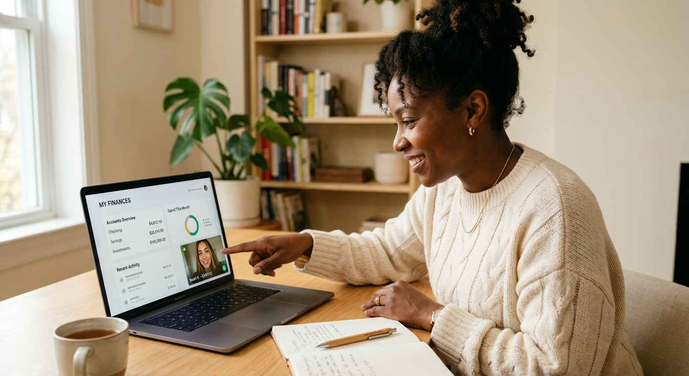 A woman working confidently at a minimalist home office desk with soft light, greenery, a premium notebook and laptop — organized and calm.